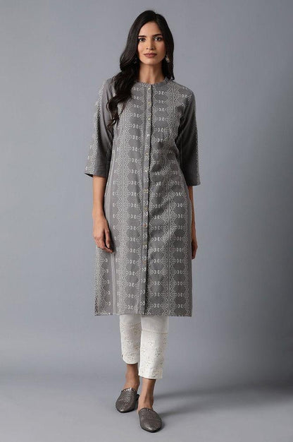 Grey Dobby Straight kurta - wforwoman