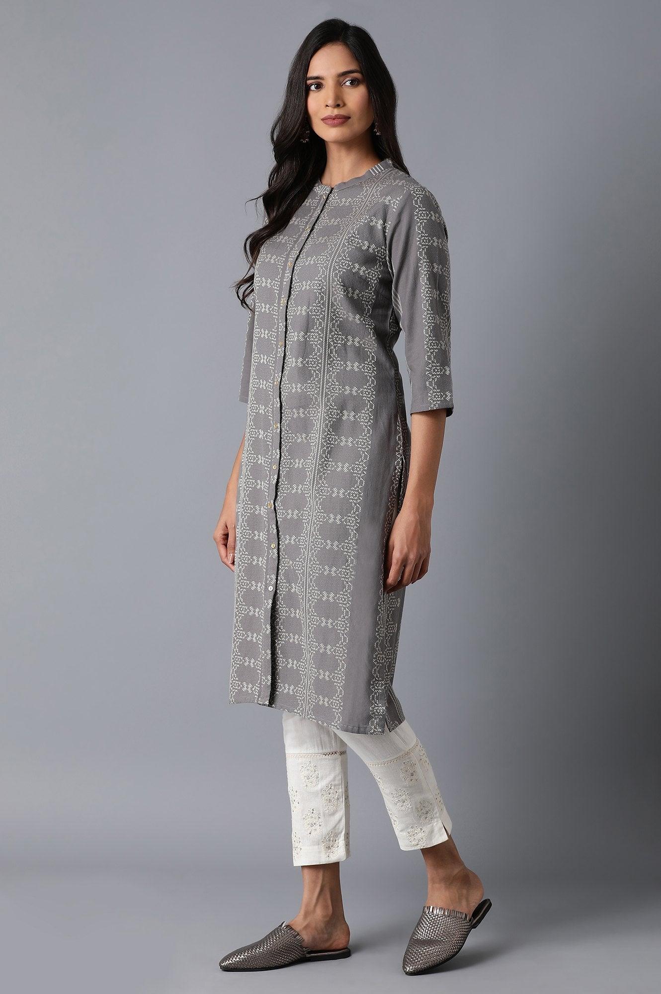 Grey Dobby Straight kurta - wforwoman