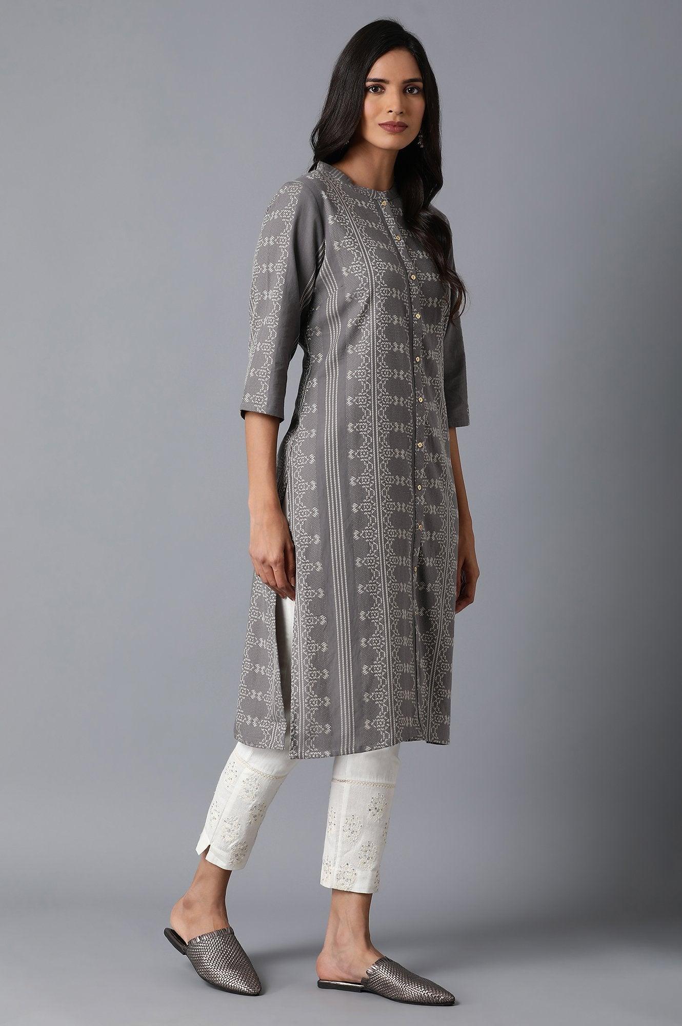 Grey Dobby Straight kurta - wforwoman