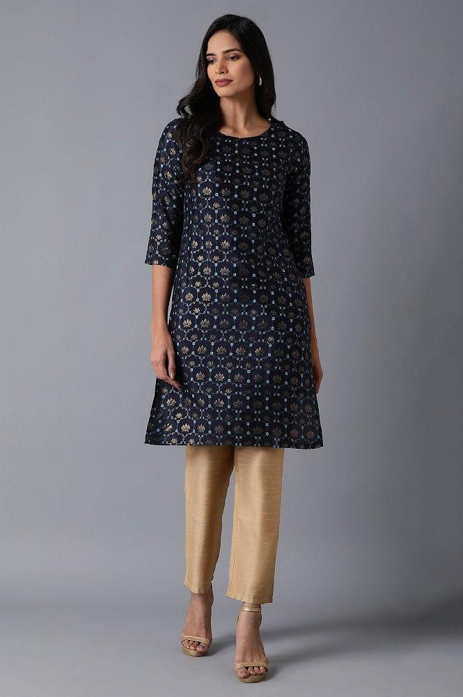 Navy Floral Print kurta - wforwoman