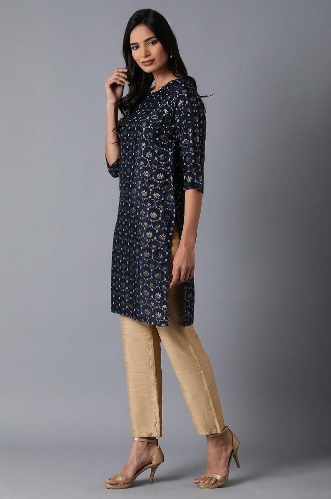 Navy Floral Print kurta - wforwoman