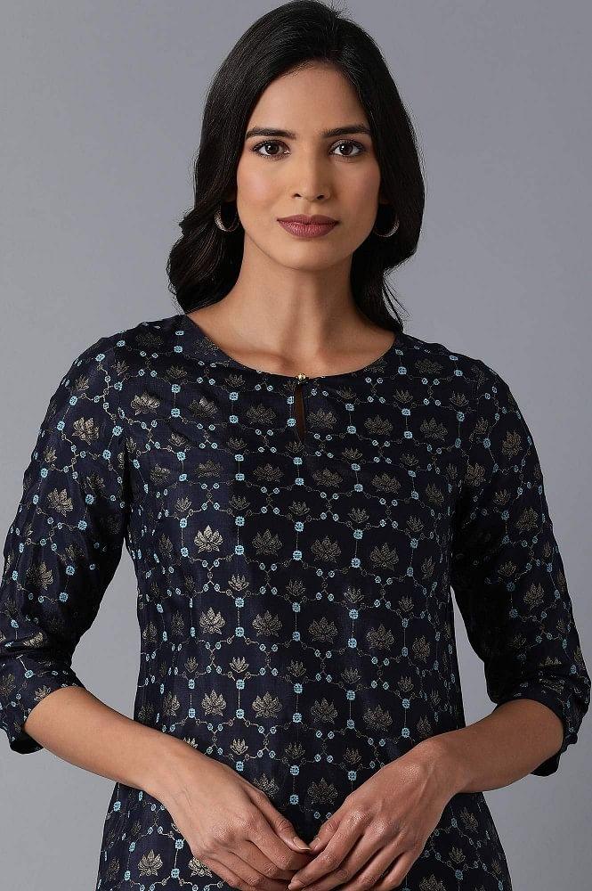 Navy Floral Print kurta - wforwoman