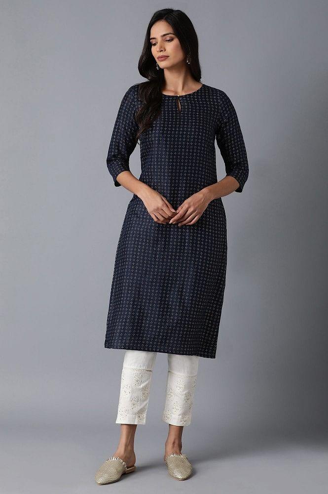 Navy Blue Foil Printed kurta - wforwoman