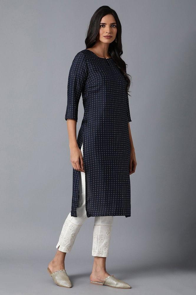 Navy Blue Foil Printed kurta - wforwoman