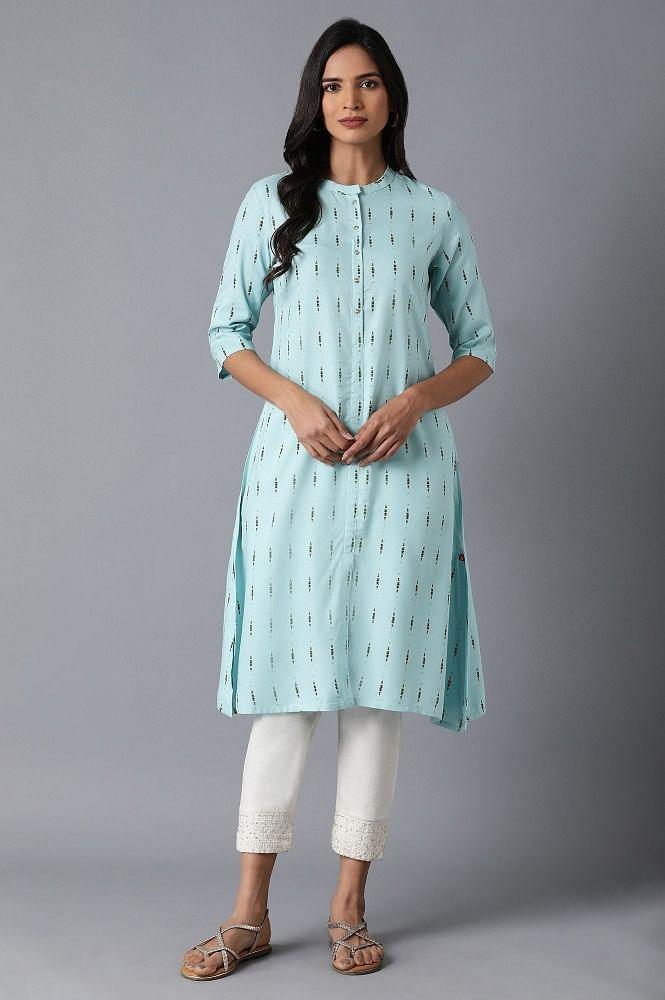 Light Blue A-Line Printed kurta - wforwoman