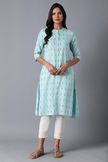 Light Blue A-Line Printed kurta - wforwoman