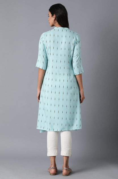 Light Blue A-Line Printed kurta - wforwoman