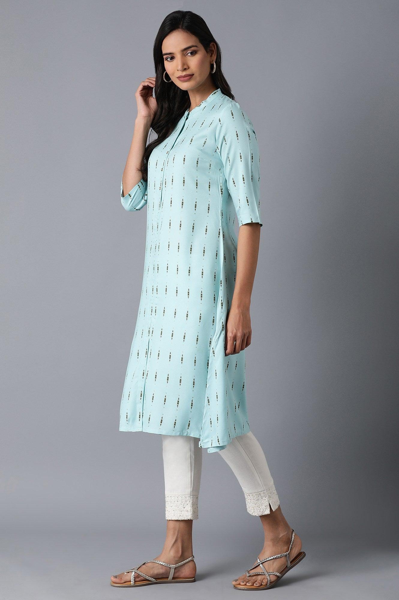 Light Blue A-Line Printed kurta - wforwoman