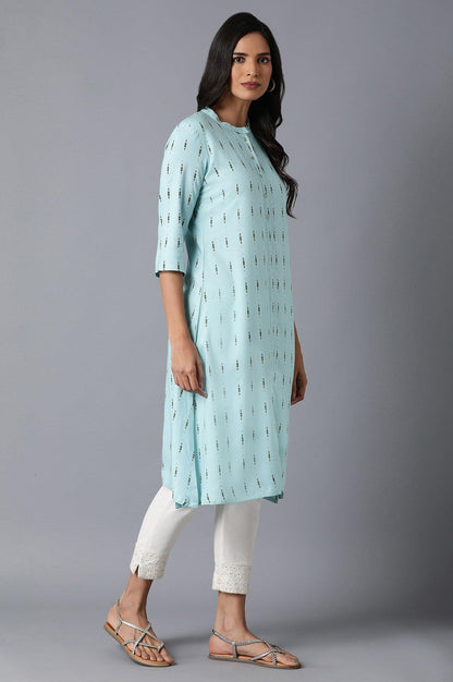 Light Blue A-Line Printed kurta - wforwoman