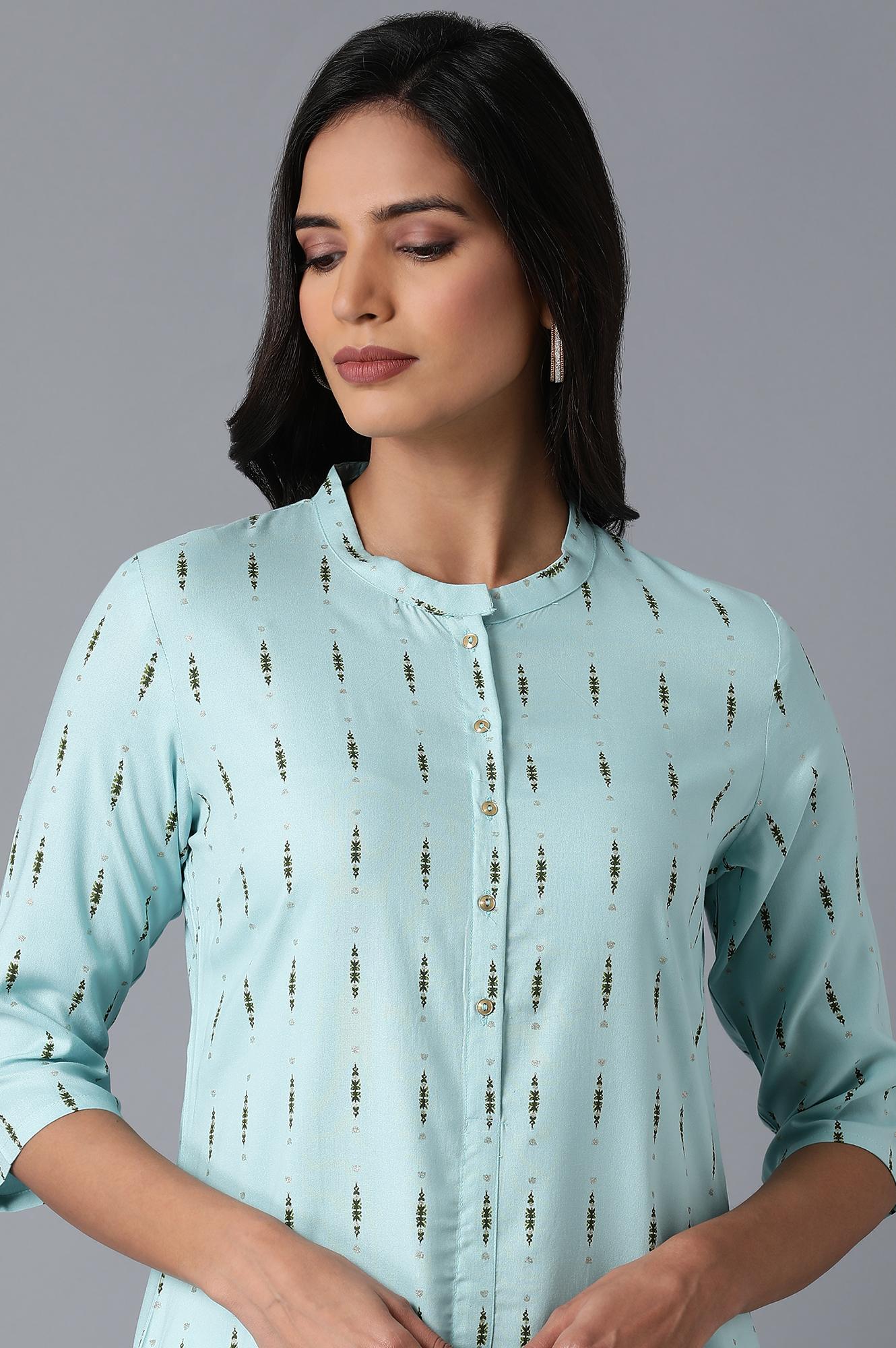 Light Blue A-Line Printed kurta - wforwoman