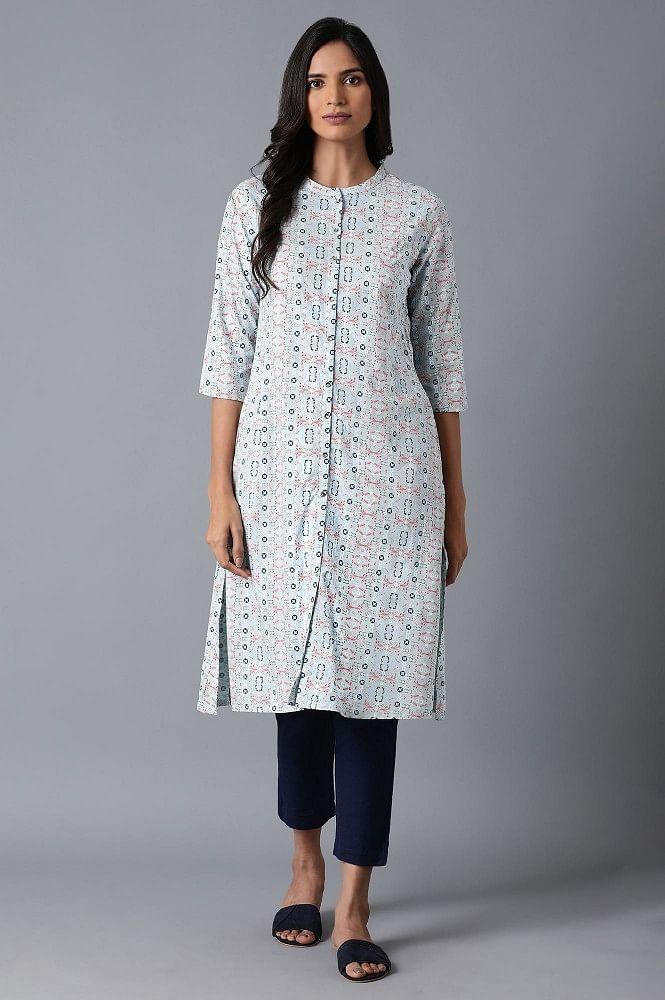 Powder Blue Printed kurta - wforwoman