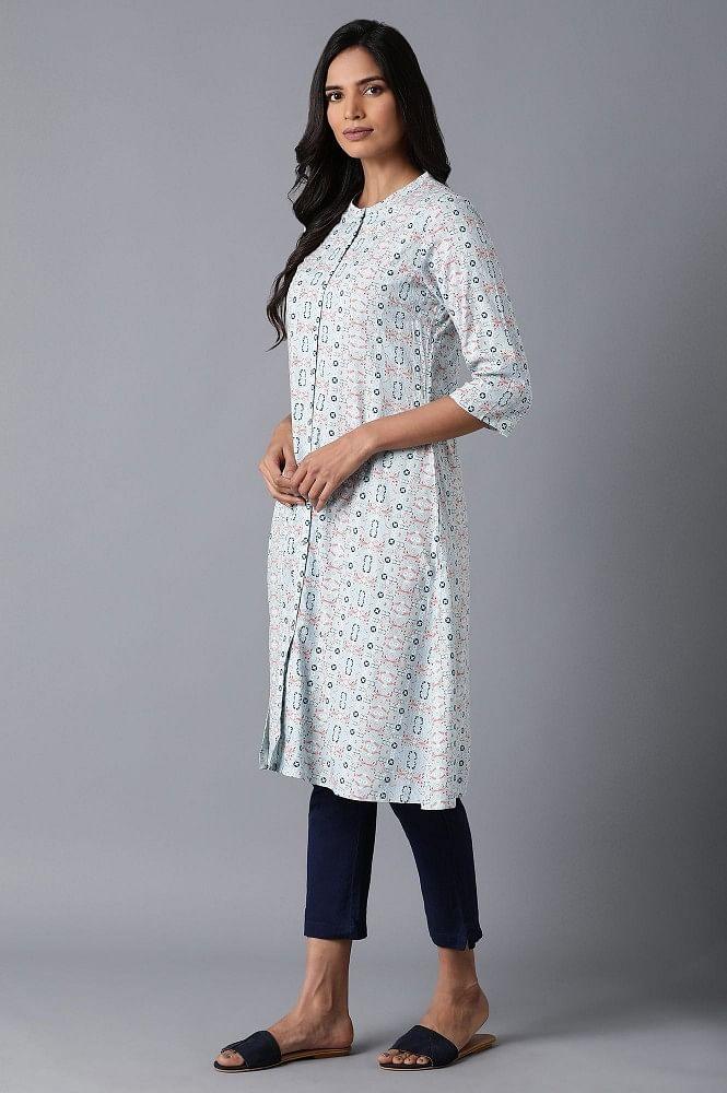 Powder Blue Printed kurta - wforwoman