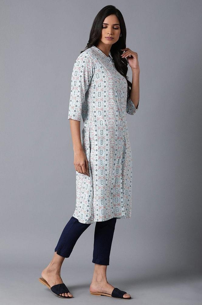 Powder Blue Printed kurta - wforwoman