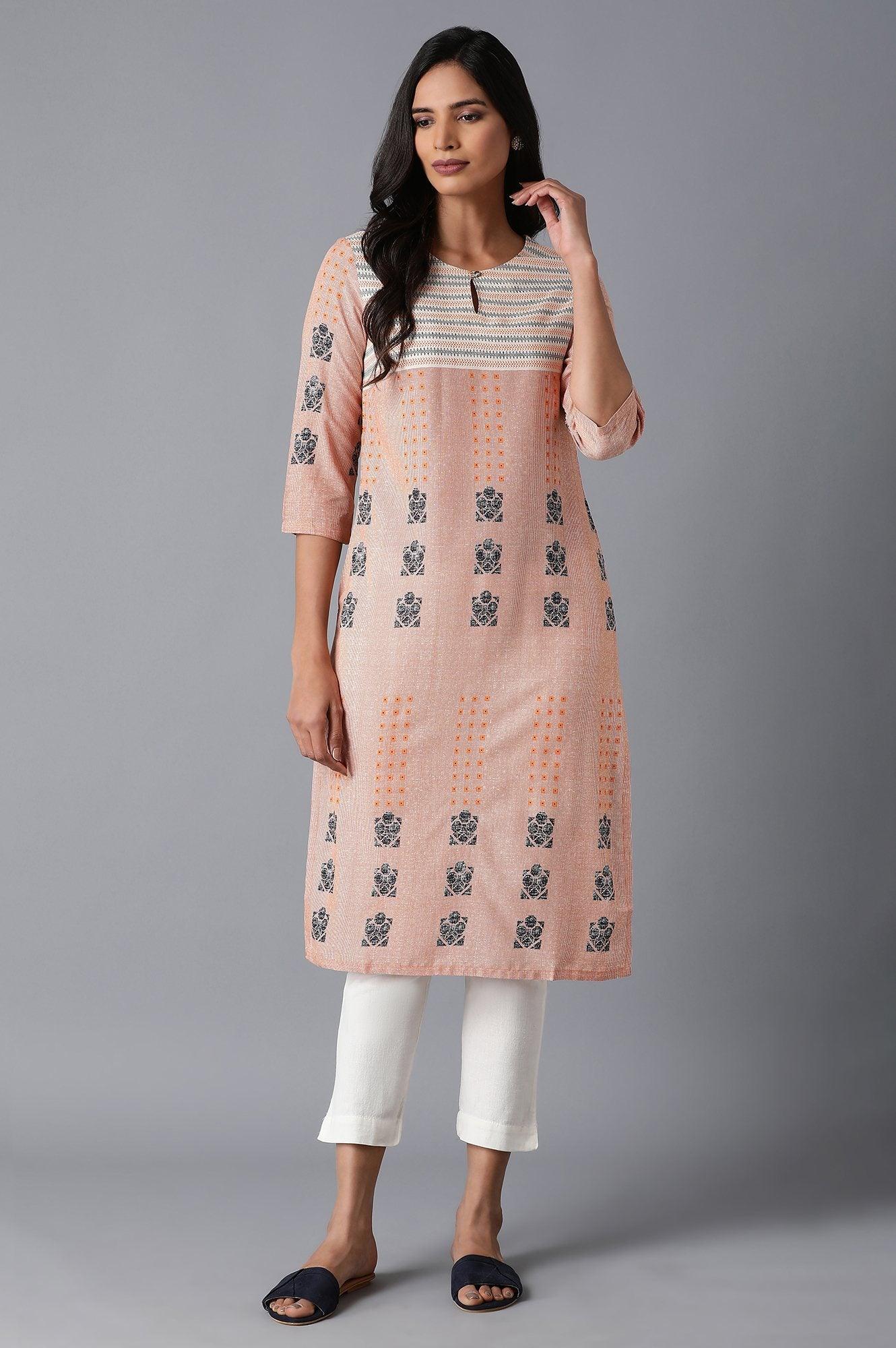 Peach Printed Straight kurta - wforwoman