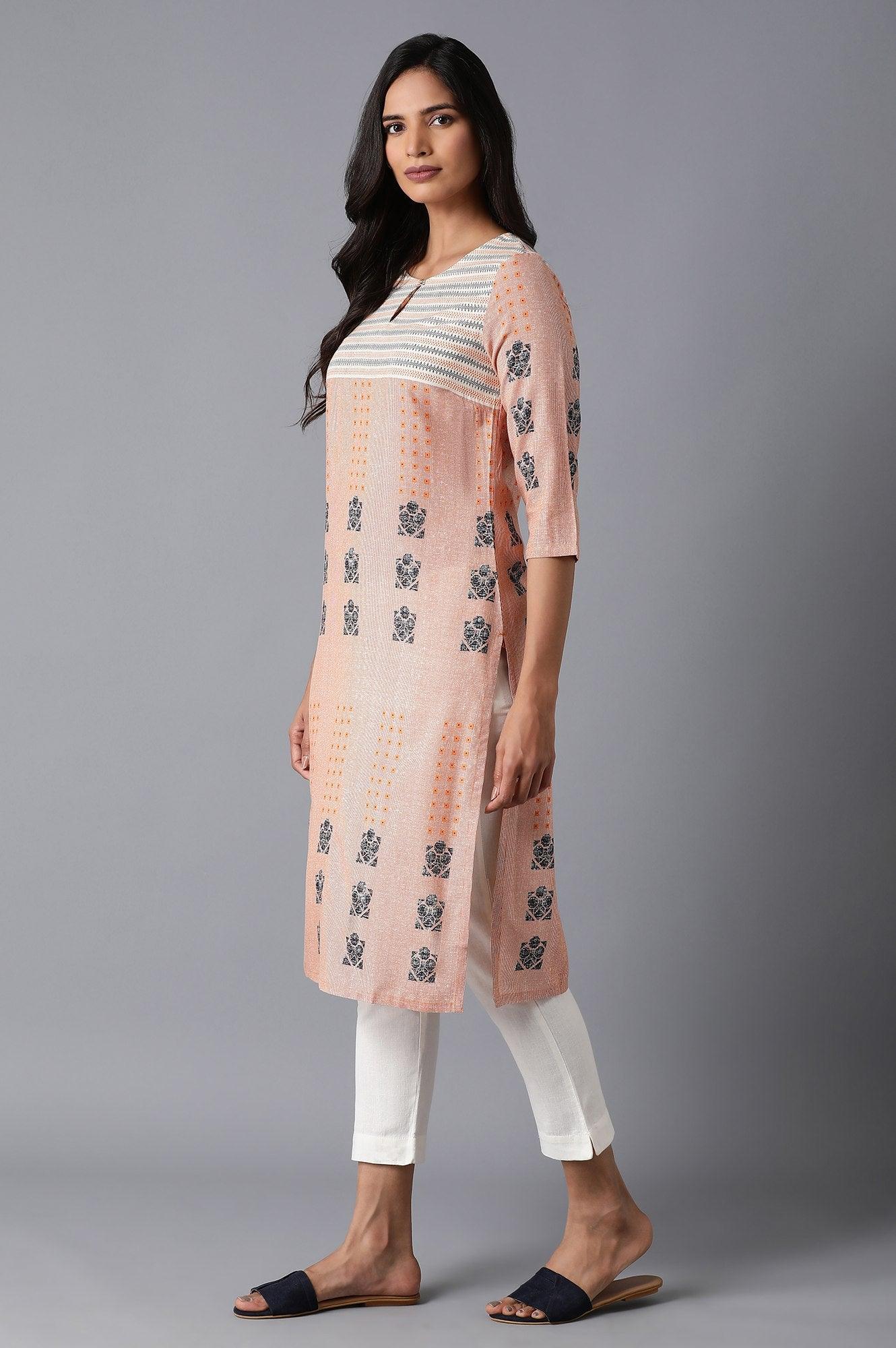 Peach Printed Straight kurta - wforwoman