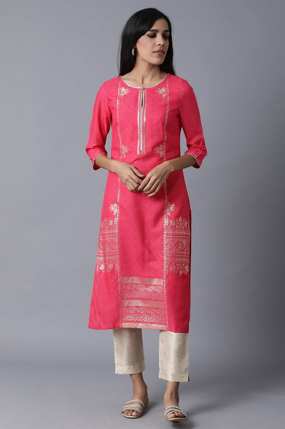 Pink Foil Printed Round Neck kurta