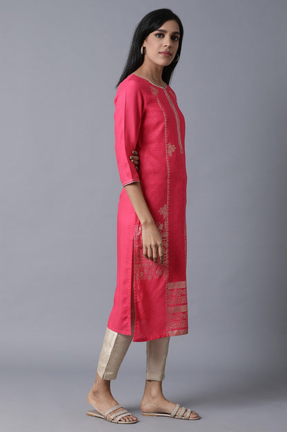 Pink Foil Printed Round Neck kurta