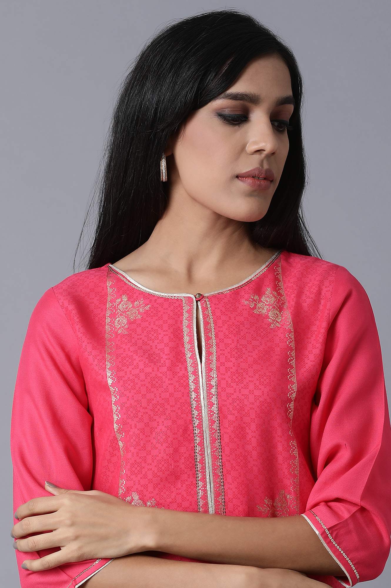 Pink Foil Printed Round Neck kurta