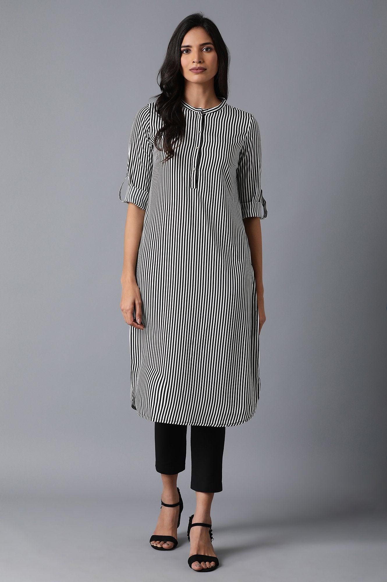 Black And White Striped kurta - wforwoman