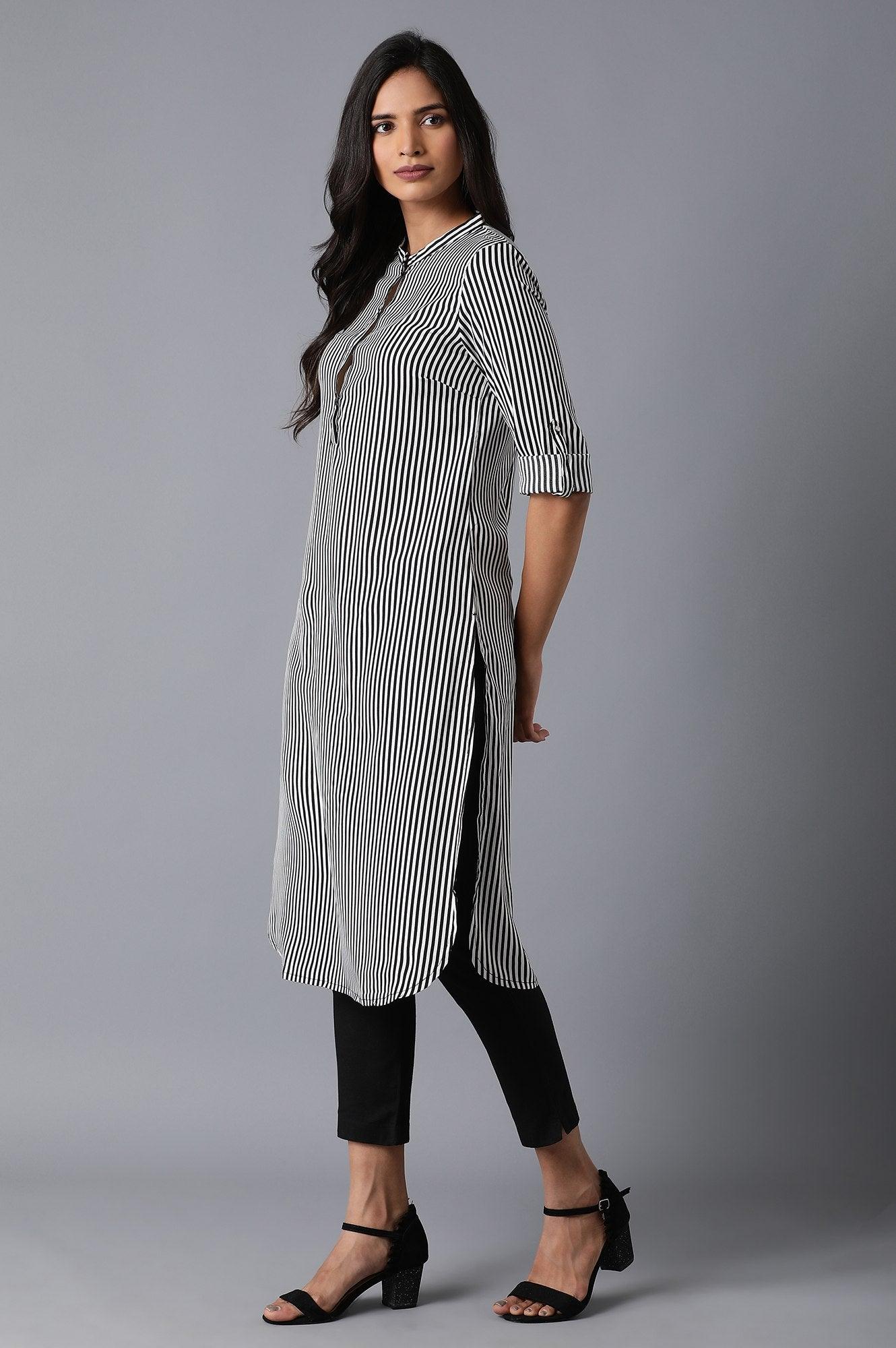 Black And White Striped kurta - wforwoman