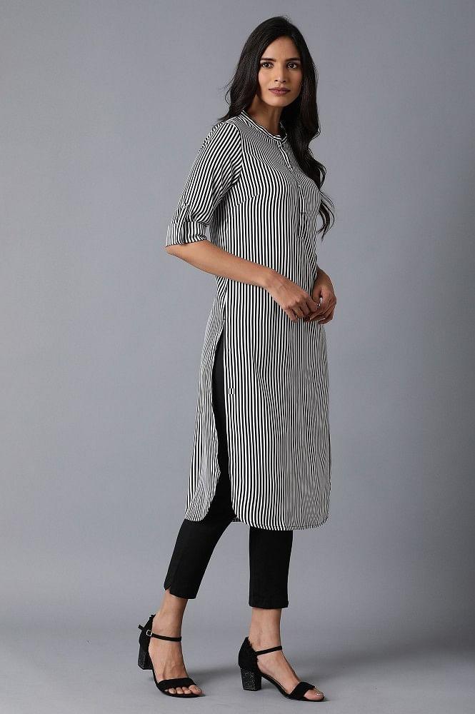 Black And White Striped kurta - wforwoman