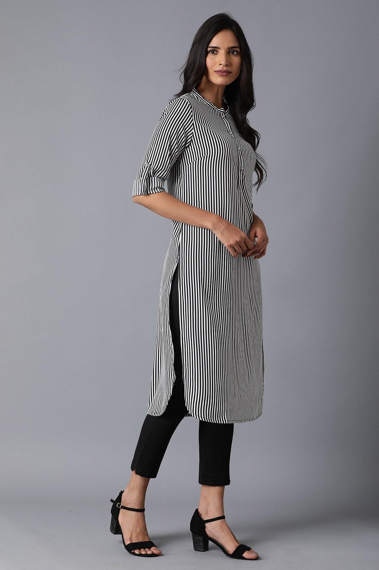 Black And White Striped kurta - wforwoman