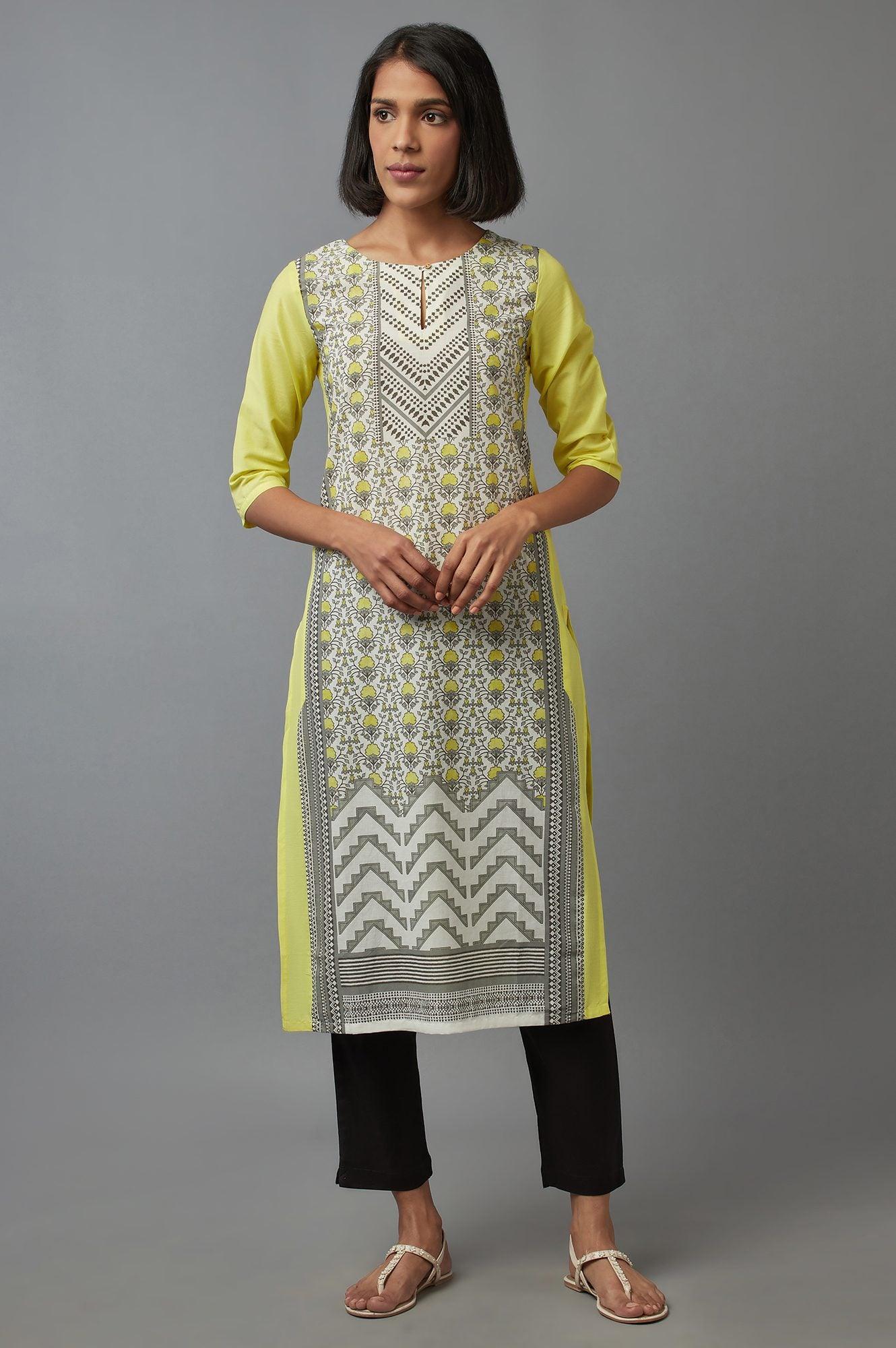 Lime Yellow Placement Print kurta - wforwoman