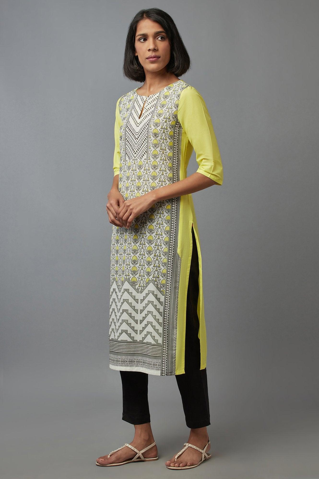 Lime Yellow Placement Print kurta - wforwoman