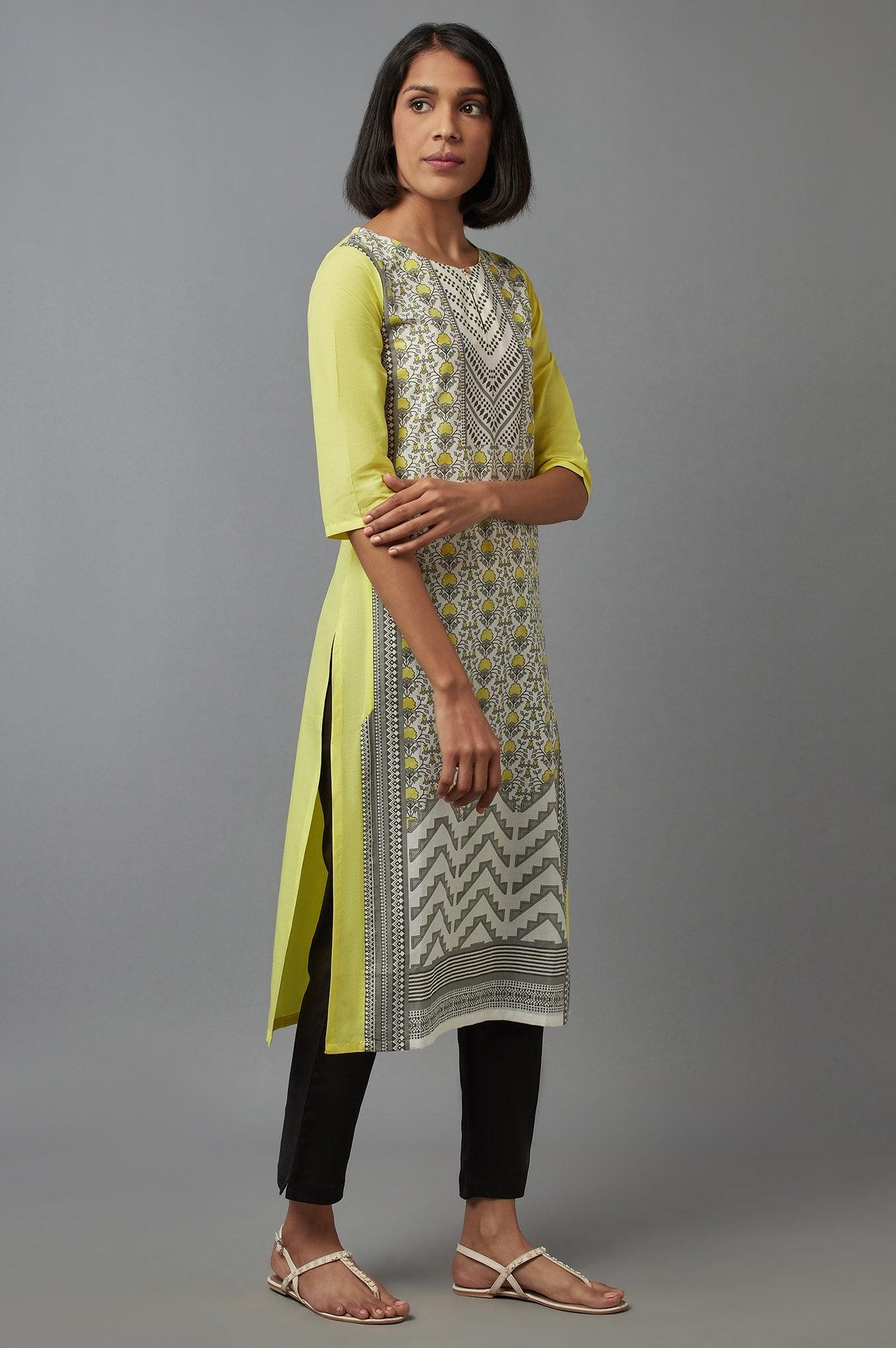 Lime Yellow Placement Print kurta - wforwoman