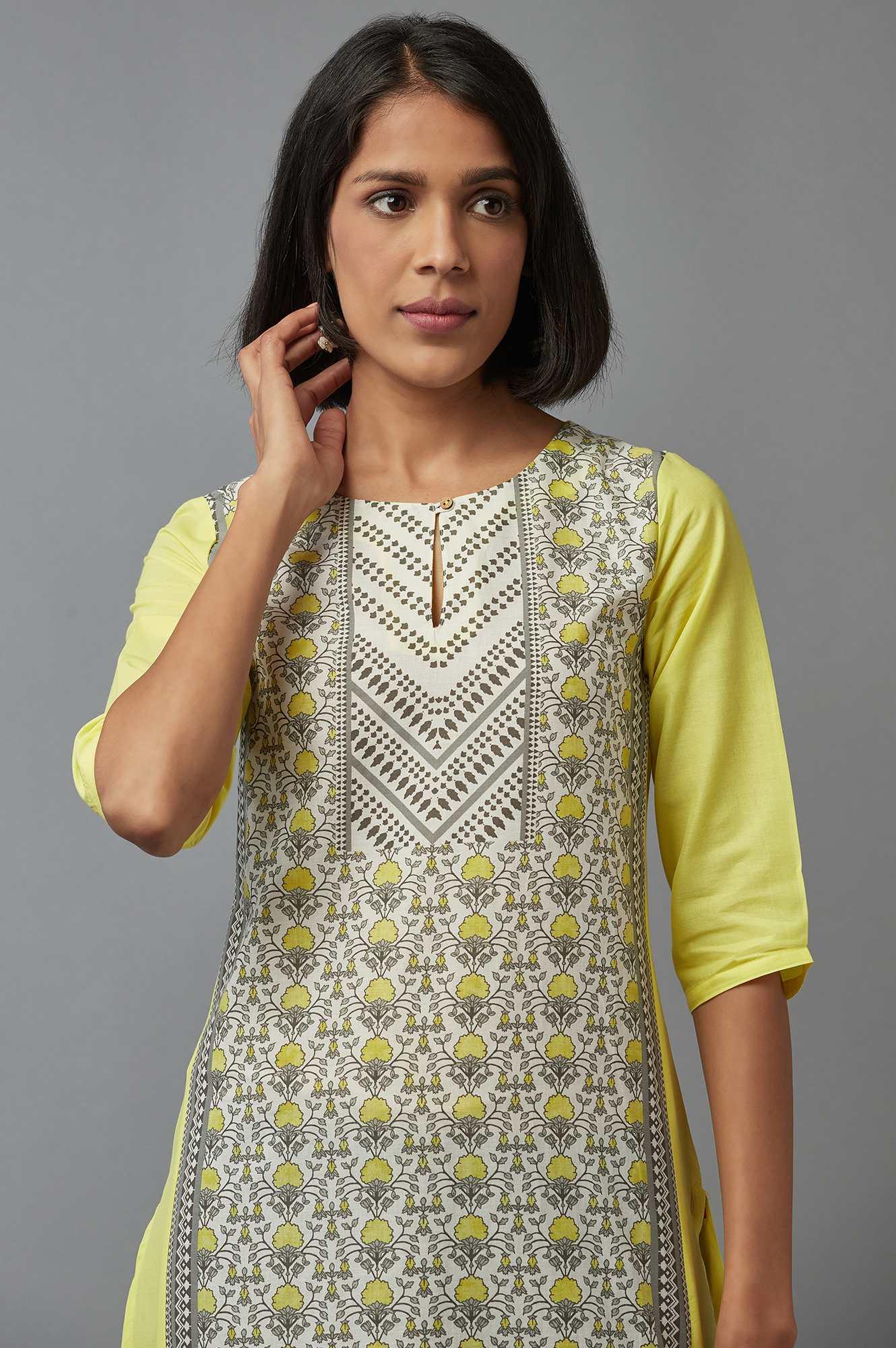 Lime Yellow Placement Print kurta - wforwoman