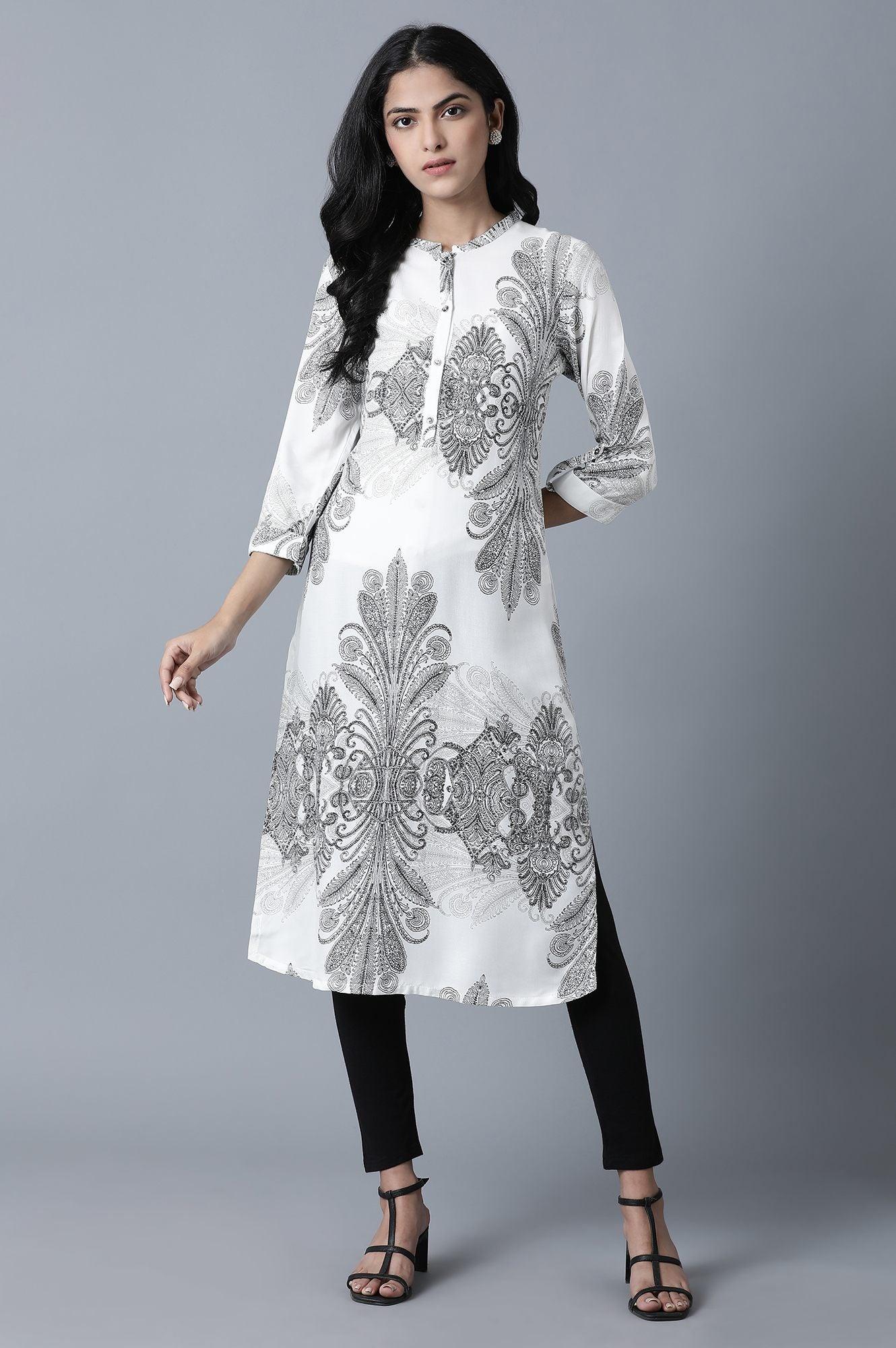 Ecru Tropical Print kurta - wforwoman