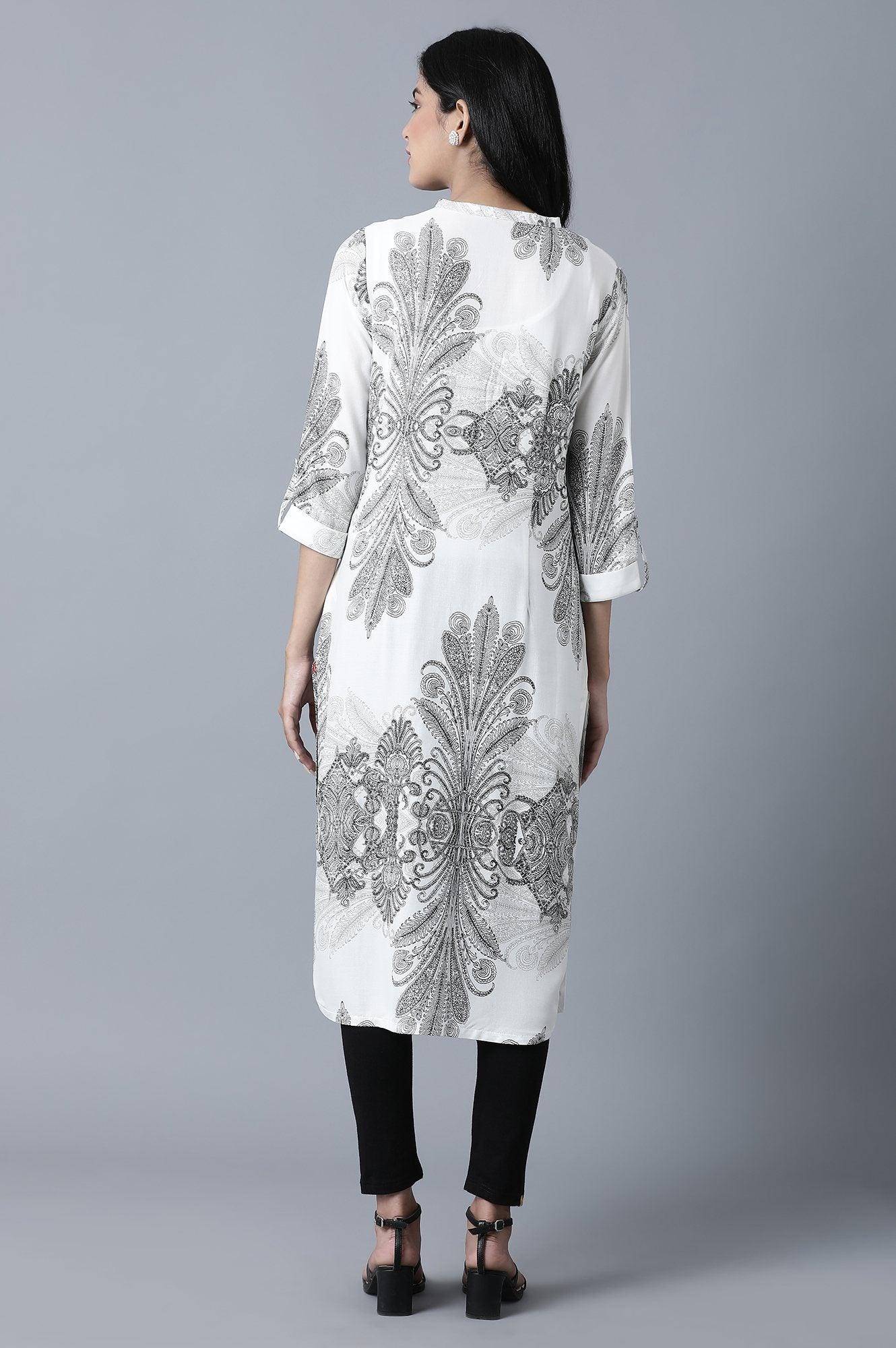 Ecru Tropical Print kurta - wforwoman