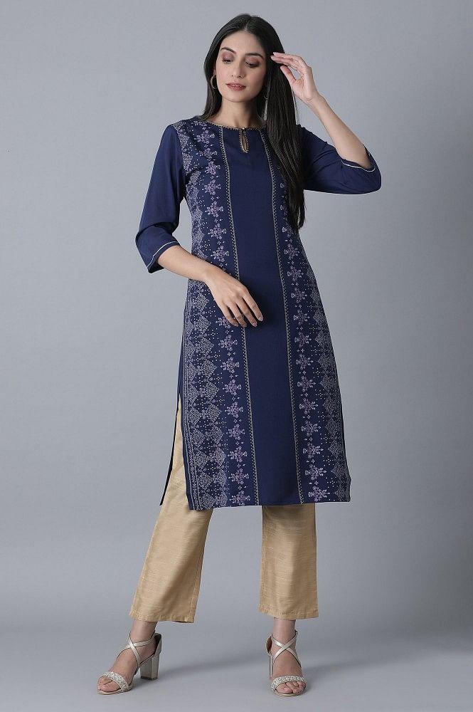 Navy Blue Printed kurta - wforwoman