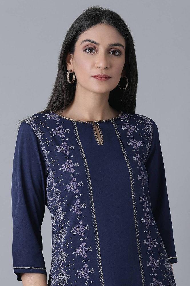 Navy Blue Printed kurta - wforwoman