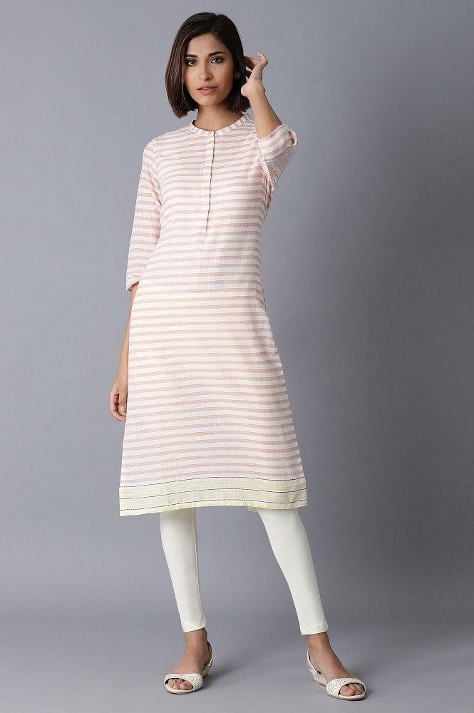 Ecru and Orange Stripe kurta - wforwoman