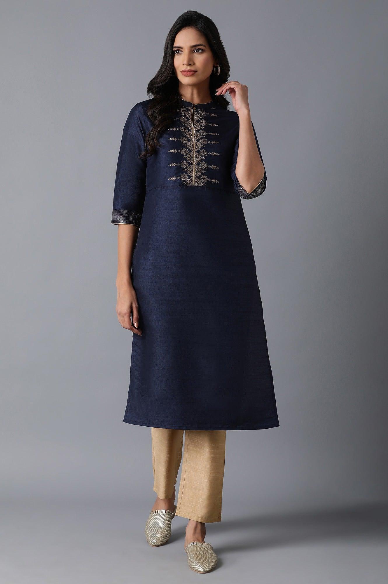 Navy Blue Yoke Embroidered kurta - wforwoman