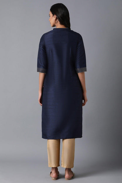 Navy Blue Yoke Embroidered kurta - wforwoman