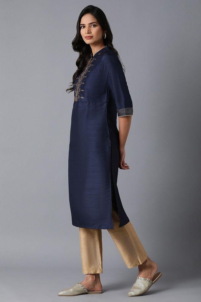 Navy Blue Yoke Embroidered kurta - wforwoman