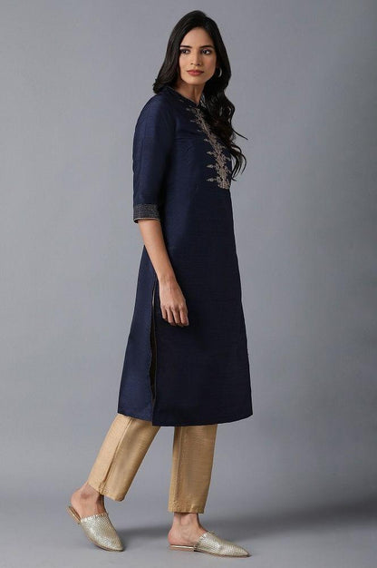 Navy Blue Yoke Embroidered kurta - wforwoman