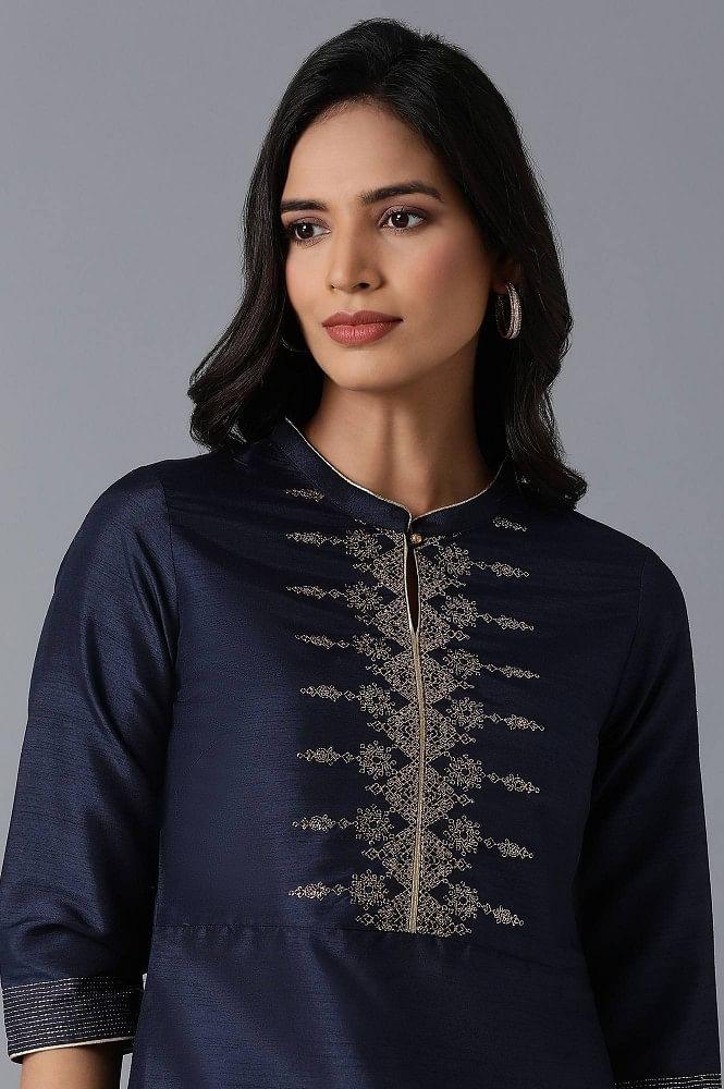 Navy Blue Yoke Embroidered kurta - wforwoman