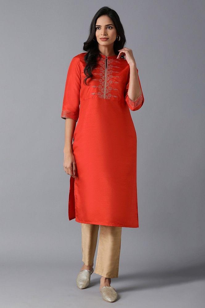 Orange Embroidered kurta - wforwoman