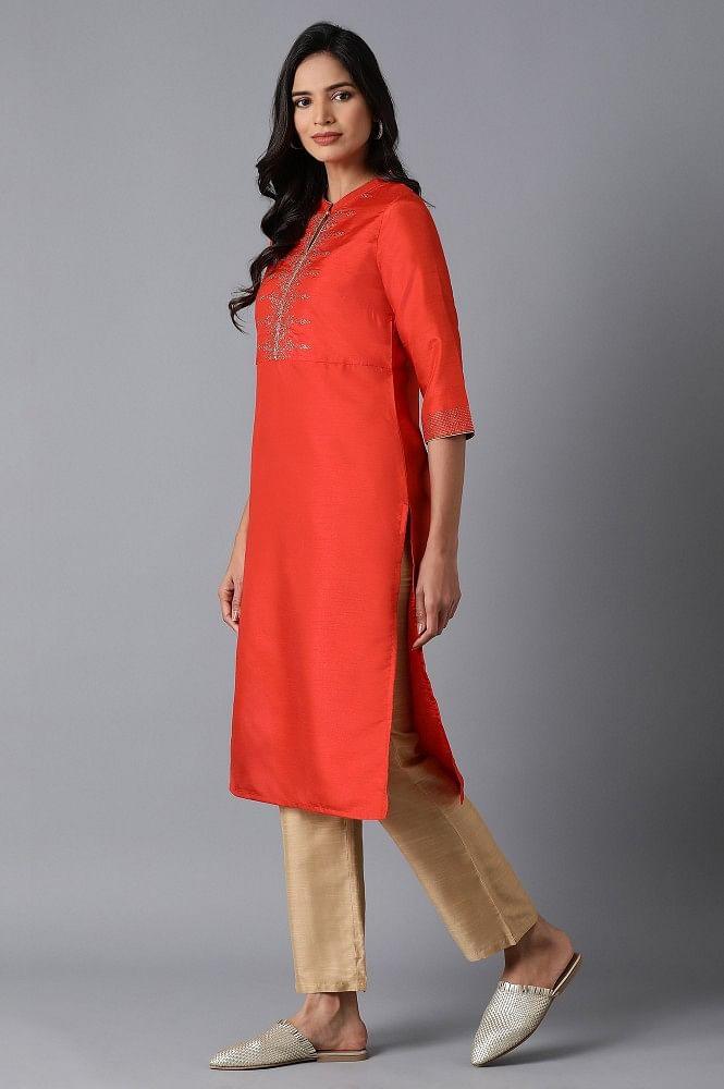 Orange Embroidered kurta - wforwoman