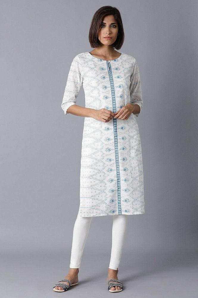 Ecru Printed Straight kurta - wforwoman