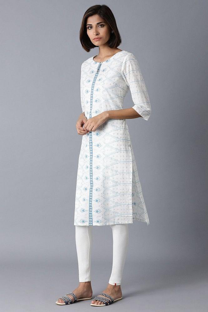 Ecru Printed Straight kurta - wforwoman