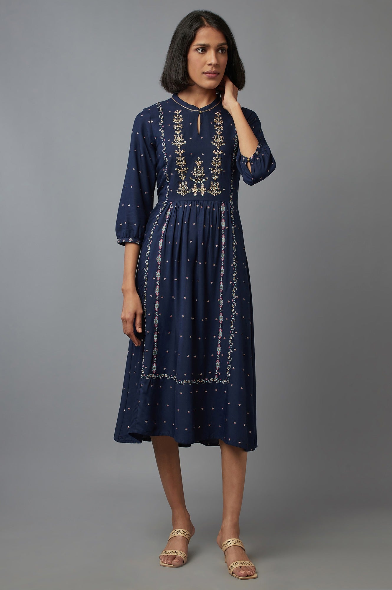 Navy Blue Embroidered A-line kurta