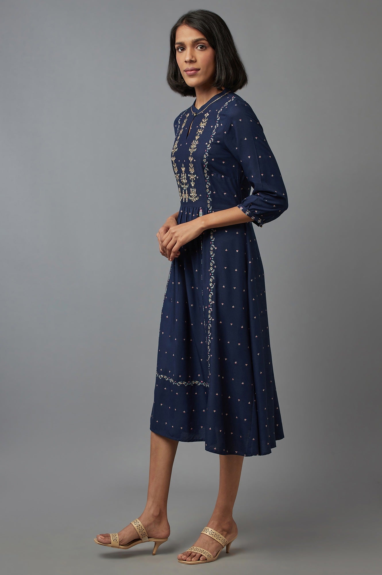 Navy Blue Embroidered A-line kurta