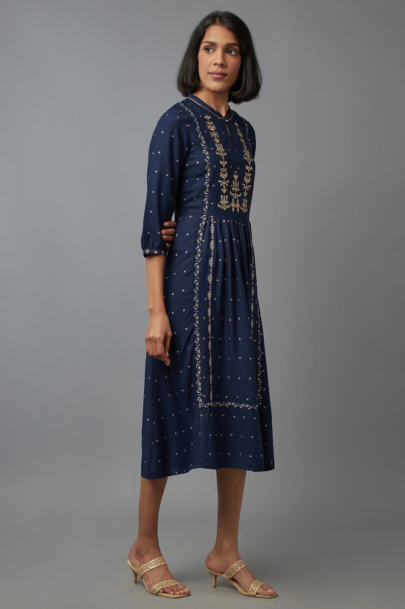 Navy Blue Embroidered A-line kurta