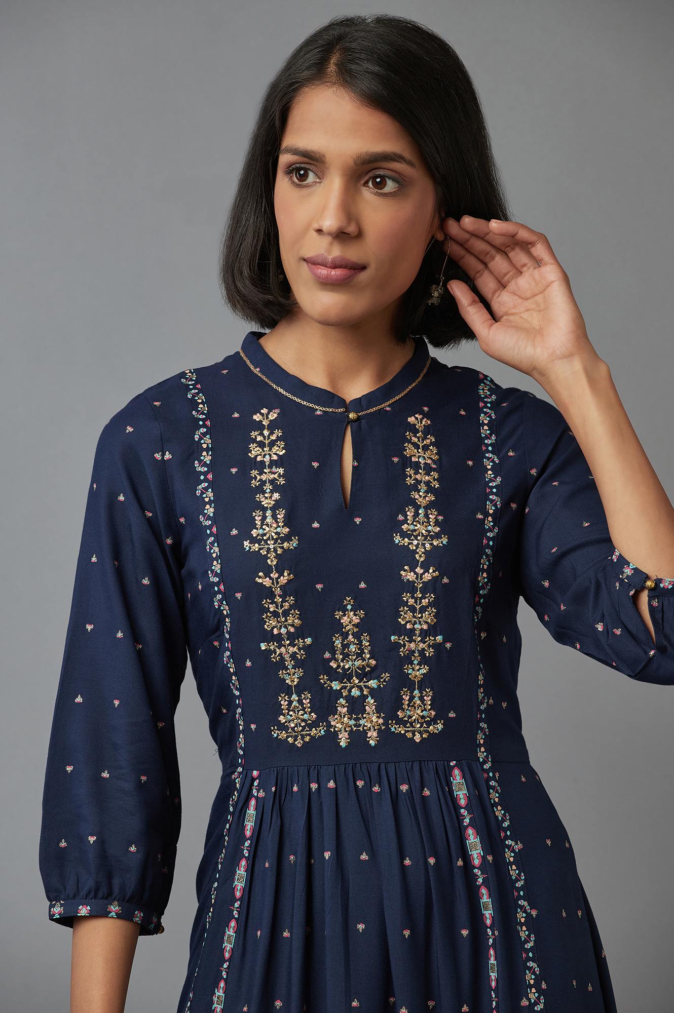 Navy Blue Embroidered A-line kurta