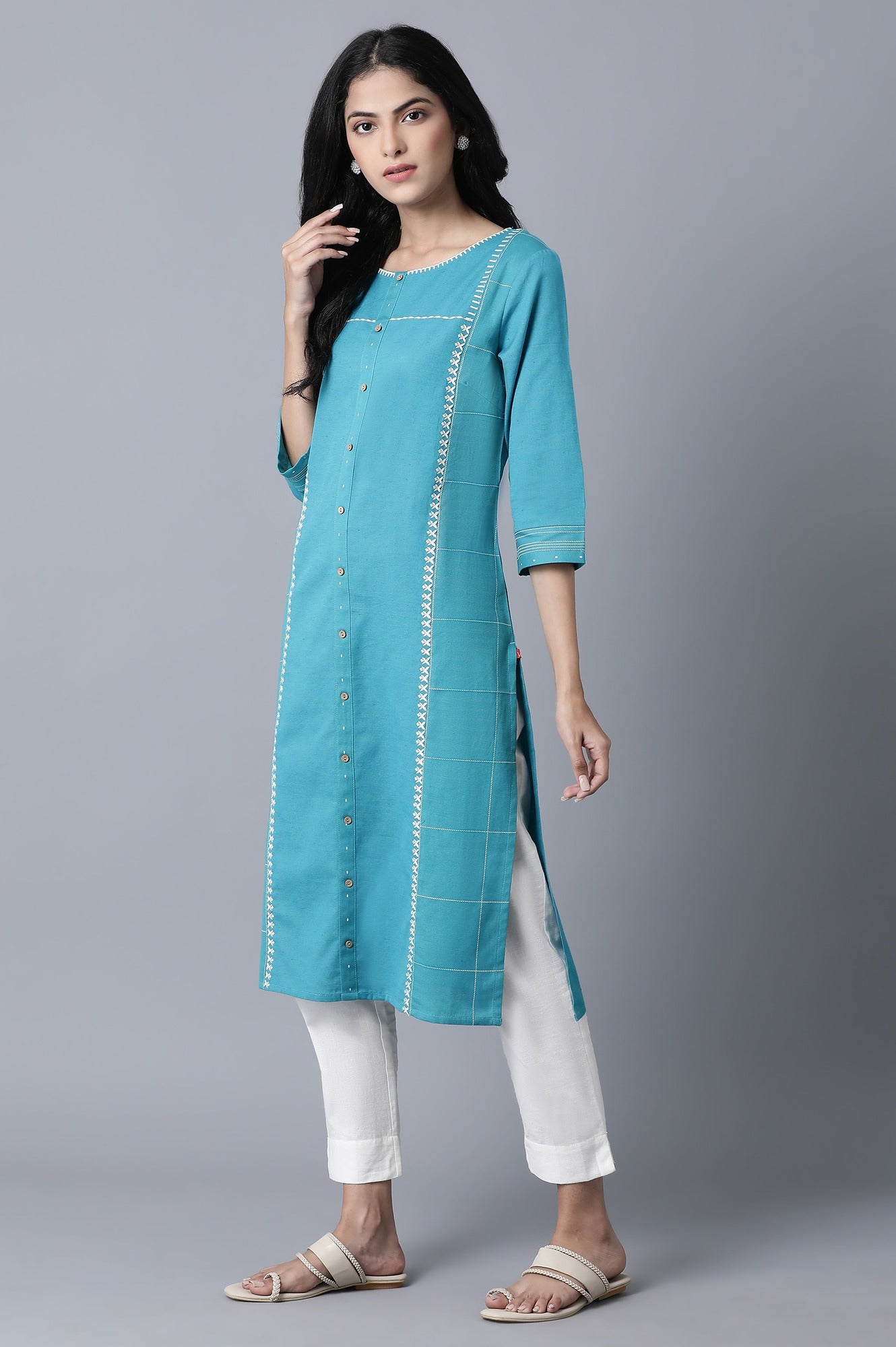 Blue Printed and Embroidered kurta