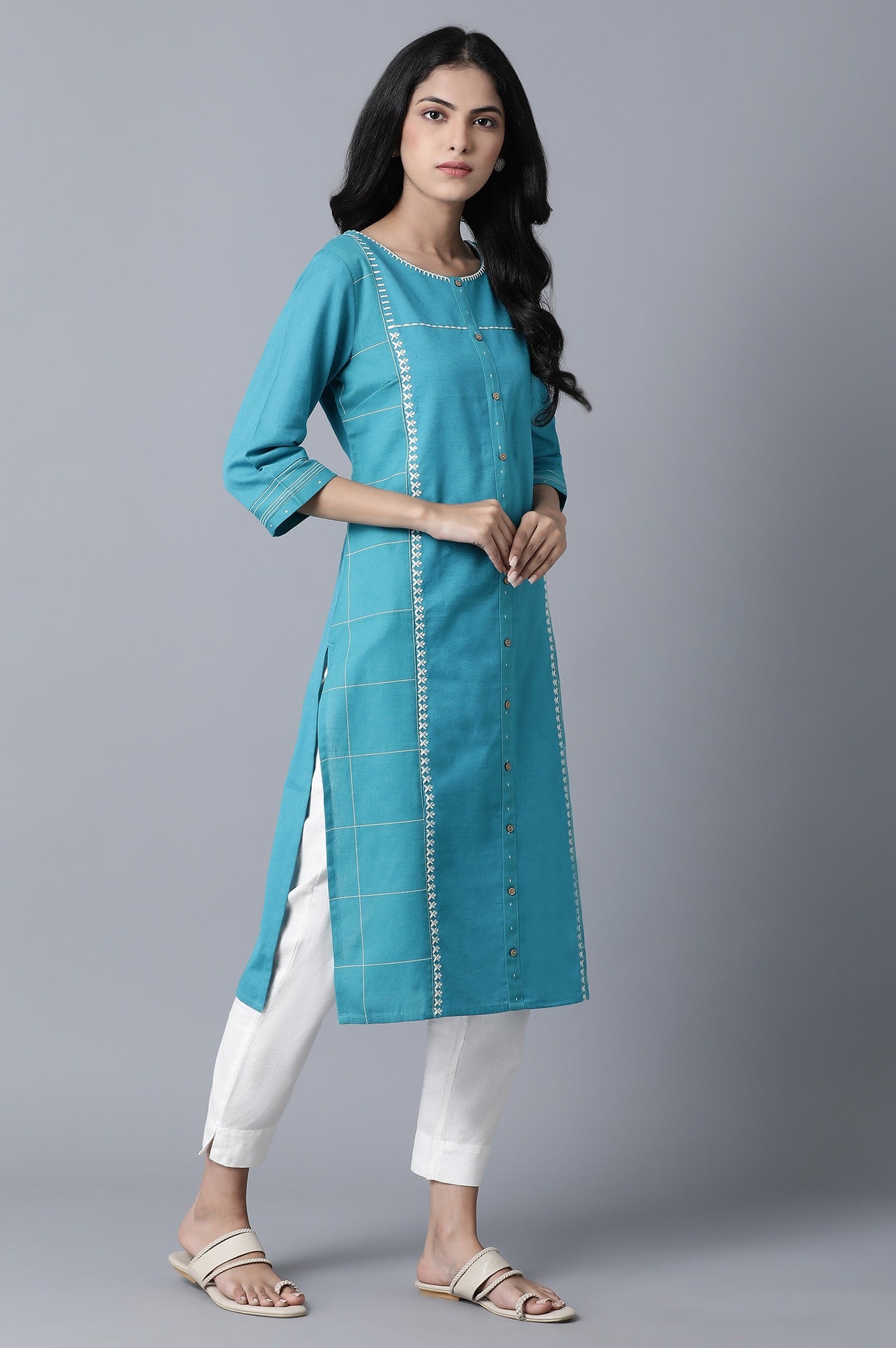 Blue Printed and Embroidered kurta